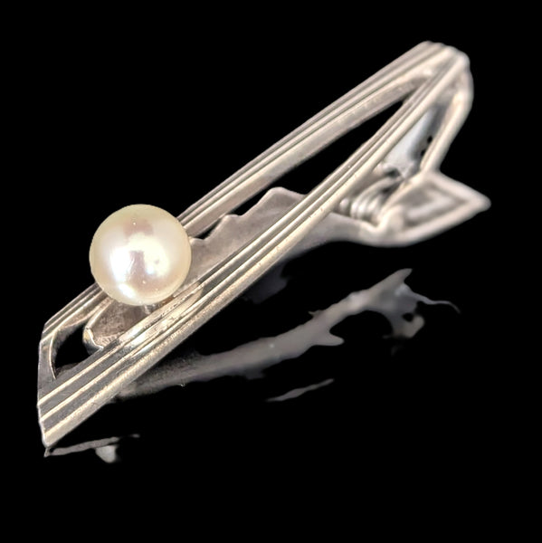 1960s MIKIMOTO Vintage Men's Tie Clip 7mm Pearl Sterling Silver Luxury Akoya