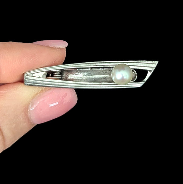 1960s MIKIMOTO Vintage Men's Tie Clip 7mm Pearl Sterling Silver Luxury Akoya