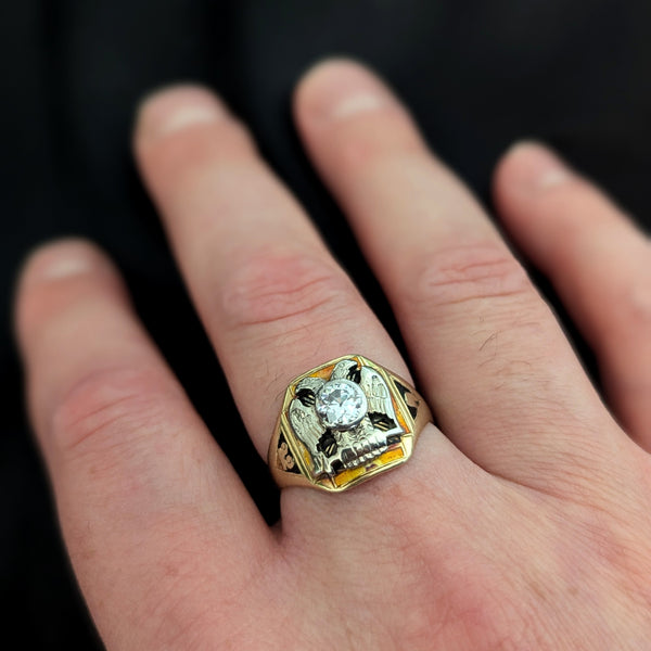 Masonic Antique 32 Degree Men's Ring Old European Cut Diamond Enamel 14k Gold