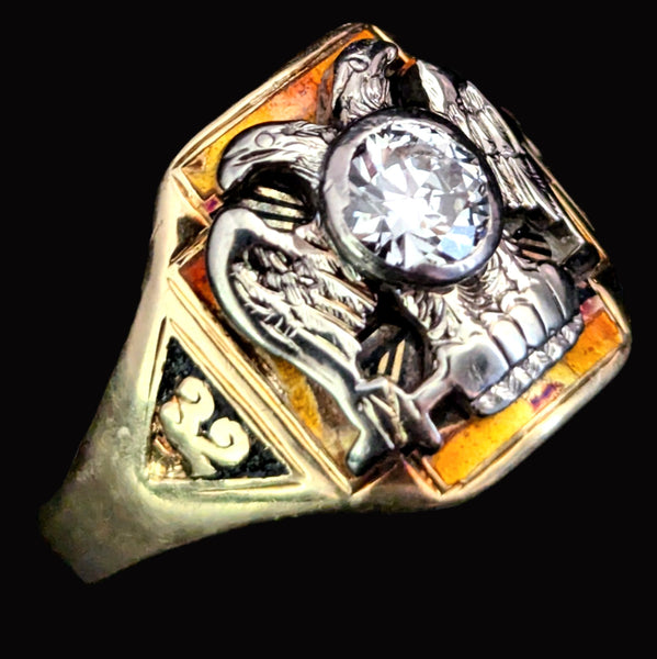 Masonic Antique 32 Degree Men's Ring Old European Cut Diamond Enamel 14k Gold