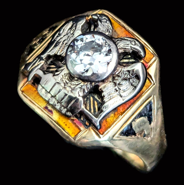 Masonic Antique 32 Degree Men's Ring Old European Cut Diamond Enamel 14k Gold