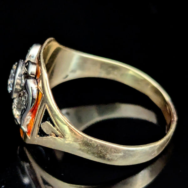 Masonic Antique 32 Degree Men's Ring Old European Cut Diamond Enamel 14k Gold