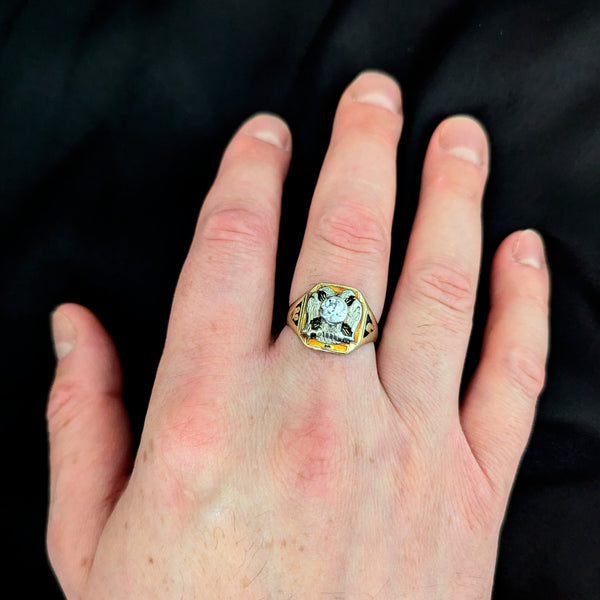 Masonic Antique 32 Degree Men's Ring Old European Cut Diamond Enamel 14k Gold