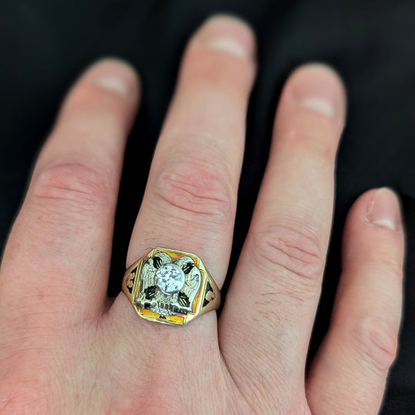 Masonic Antique 32 Degree Men's Ring Old European Cut Diamond Enamel 14k Gold
