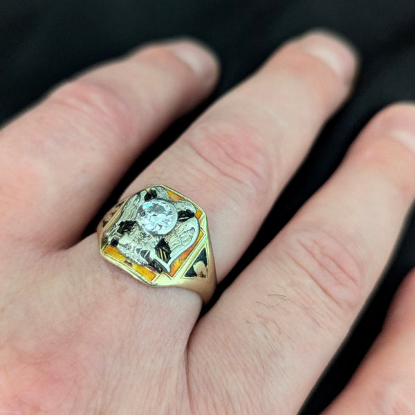 Masonic Antique 32 Degree Men's Ring Old European Cut Diamond Enamel 14k Gold