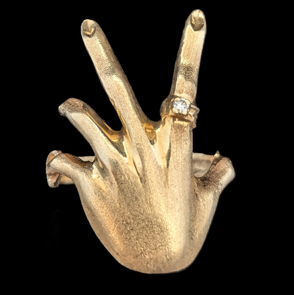 Men's 1970s Diamond 14k Yellow Gold Custom Made Hand Ring Vintage Estate 1.5in