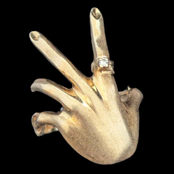 Men's 1970s Diamond 14k Yellow Gold Custom Made Hand Ring Vintage Estate 1.5in