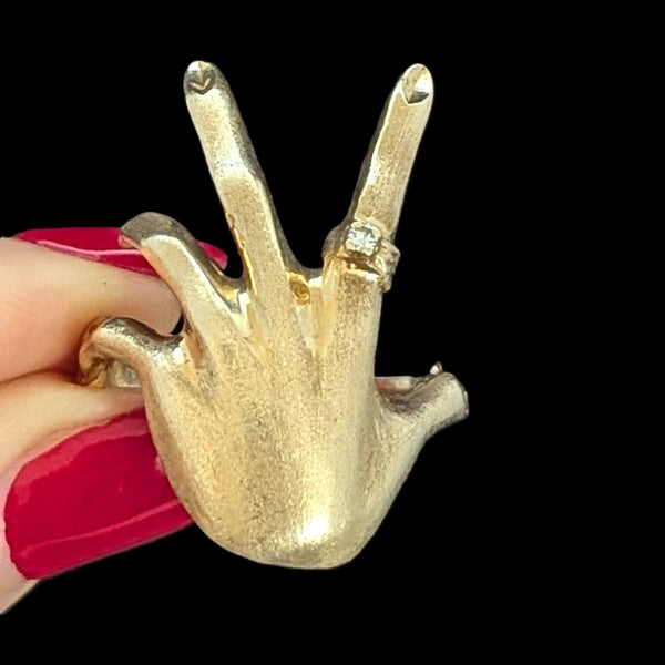 Men's 1970s Diamond 14k Yellow Gold Custom Made Hand Ring Vintage Estate 1.5in