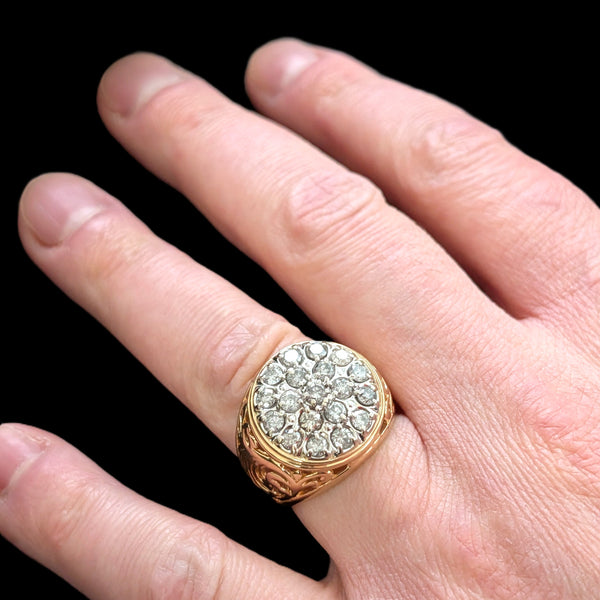 Mens Vintage Diamond Cluster Ring 14K Gold Massive 10.8g Large 20mm Estate Gift 