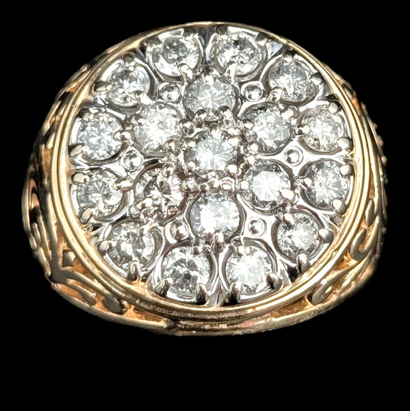 Mens Vintage Diamond Cluster Ring 14K Gold Massive 10.8g Large 20mm Estate Gift 
