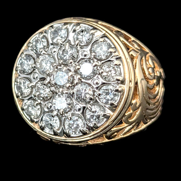 Mens Vintage Diamond Cluster Ring 14K Gold Massive 10.8g Large 20mm Estate Gift 