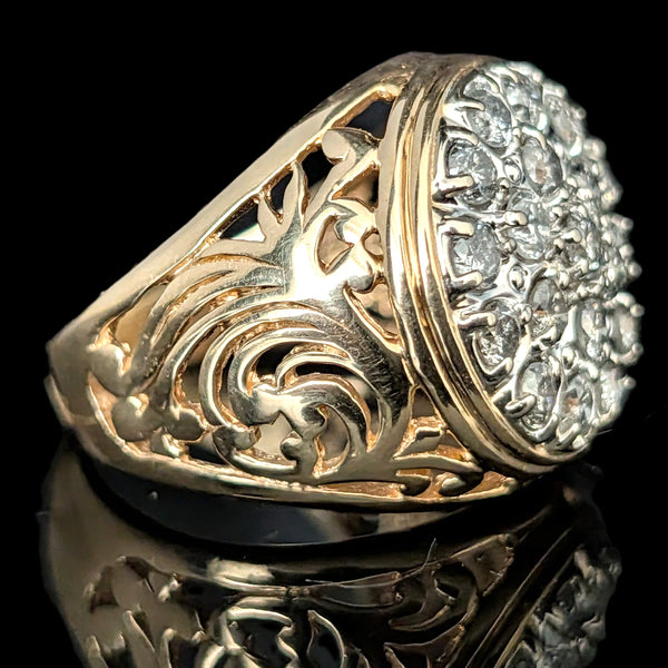 Mens Vintage Diamond Cluster Ring 14K Gold Massive 10.8g Large 20mm Estate Gift 