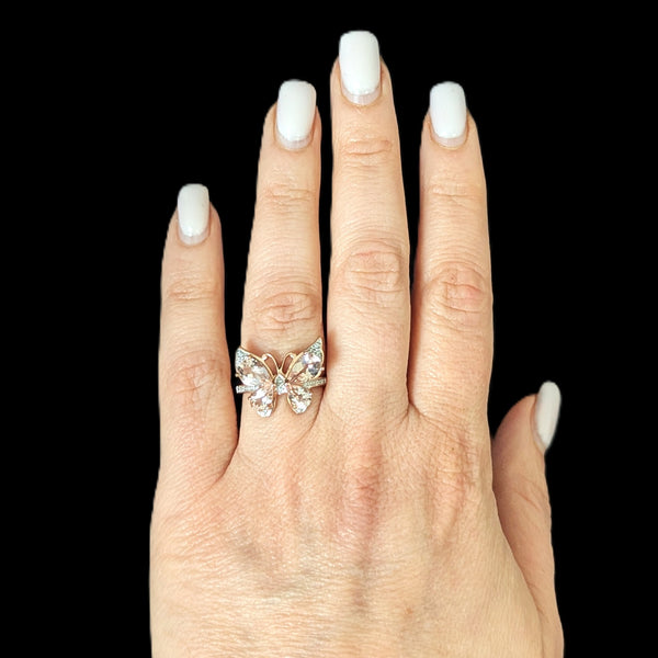 Morganite Diamonds 10k Rose Gold Butterfly Cocktail Ring Gift Estate Jewelry