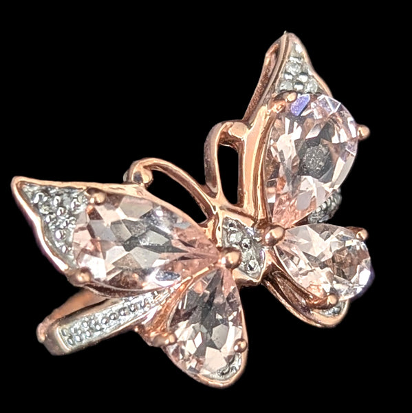 Morganite Diamonds 10k Rose Gold Butterfly Cocktail Ring Gift Estate Jewelry