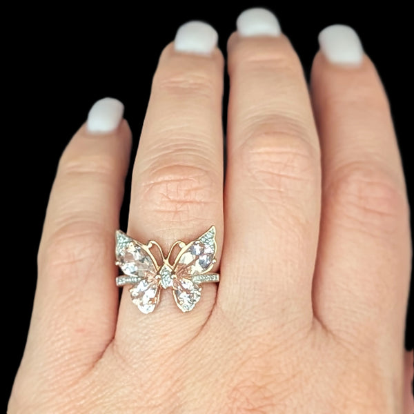 Morganite Diamonds 10k Rose Gold Butterfly Cocktail Ring Gift Estate Jewelry