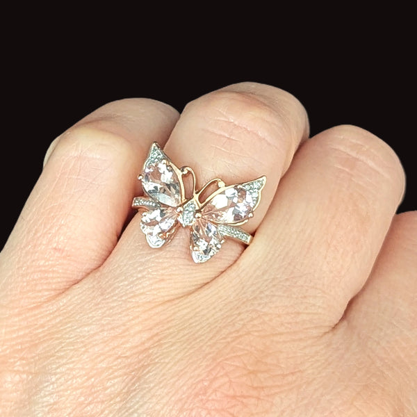 Morganite Diamonds 10k Rose Gold Butterfly Cocktail Ring Gift Estate Jewelry