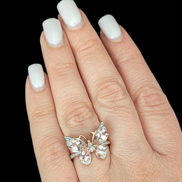 Morganite Diamonds 10k Rose Gold Butterfly Cocktail Ring Gift Estate Jewelry