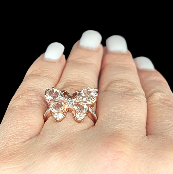 Morganite Diamonds 10k Rose Gold Butterfly Cocktail Ring Gift Estate Jewelry