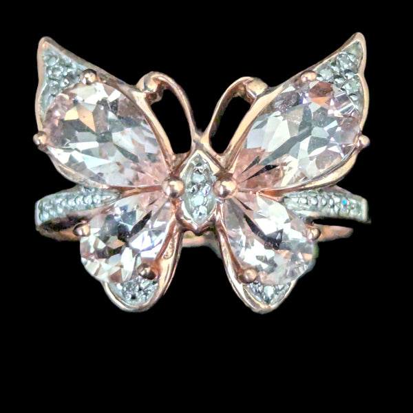 Morganite Diamonds 10k Rose Gold Butterfly Cocktail Ring Gift Estate Jewelry