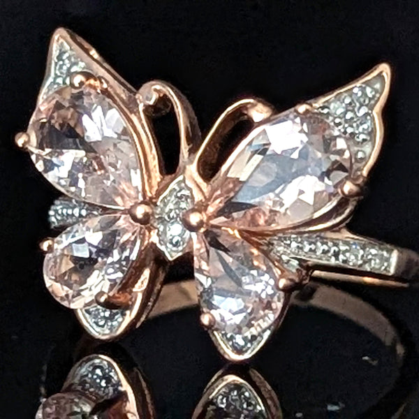 Morganite Diamonds 10k Rose Gold Butterfly Cocktail Ring Gift Estate Jewelry