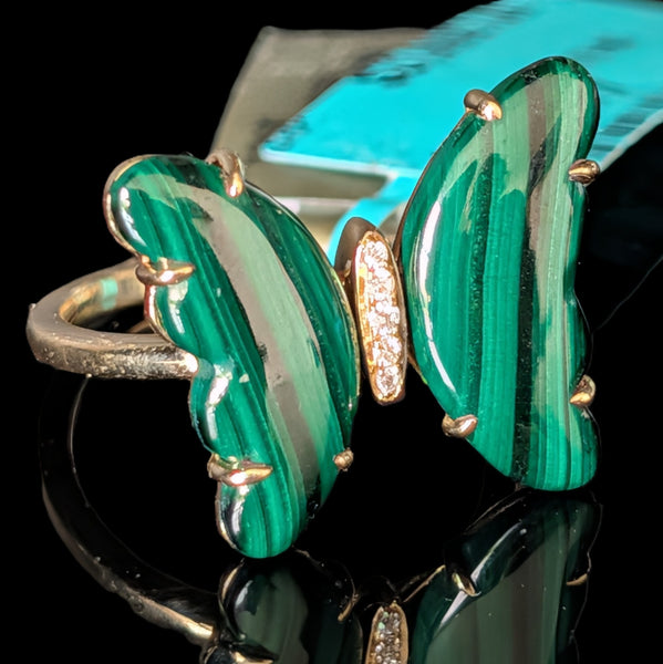 Hoboken - EFFY Diamonds Malachite 14k Yellow Gold Butterfly Cocktail Ring New Old Stock