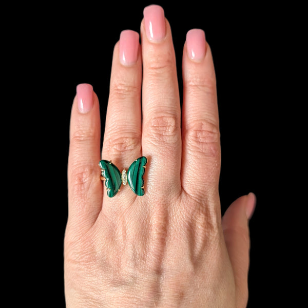 Hoboken - EFFY Diamonds Malachite 14k Yellow Gold Butterfly Cocktail Ring New Old Stock