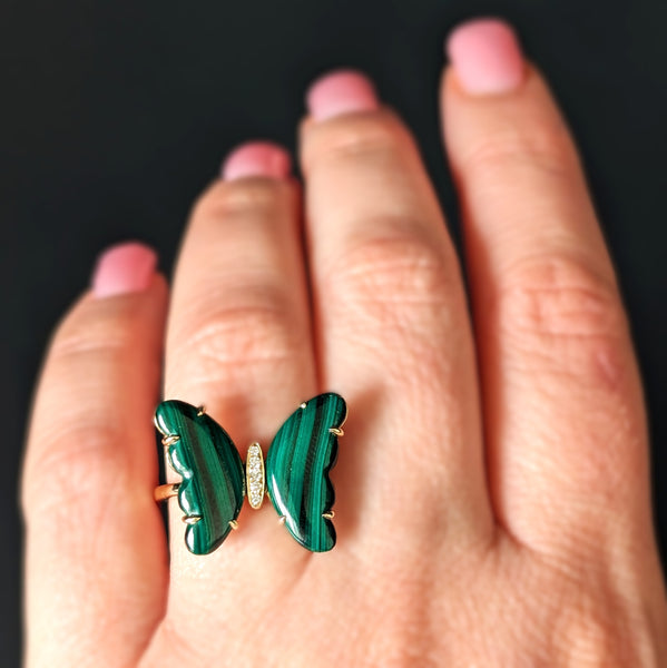 Hoboken - EFFY Diamonds Malachite 14k Yellow Gold Butterfly Cocktail Ring New Old Stock