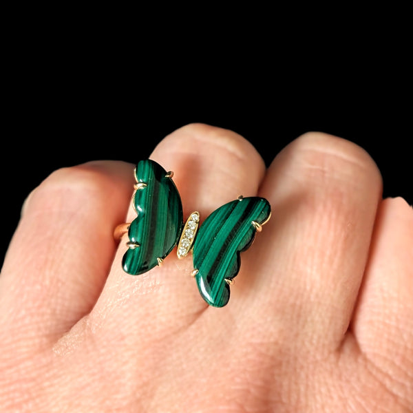 Hoboken - EFFY Diamonds Malachite 14k Yellow Gold Butterfly Cocktail Ring New Old Stock