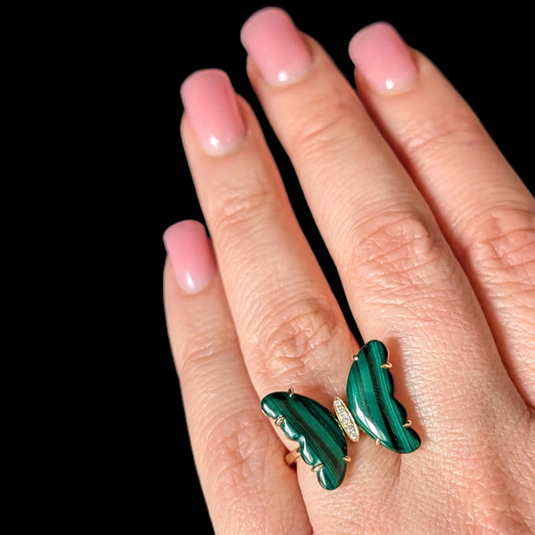 Hoboken - EFFY Diamonds Malachite 14k Yellow Gold Butterfly Cocktail Ring New Old Stock