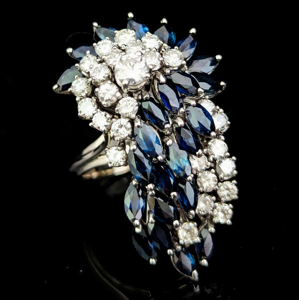 Oversize Vintage Spray of Diamonds & Sapphires 14k White Gold Cocktail Ring Gift