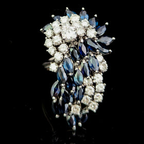 Oversize Vintage Spray of Diamonds & Sapphires 14k White Gold Cocktail Ring Gift