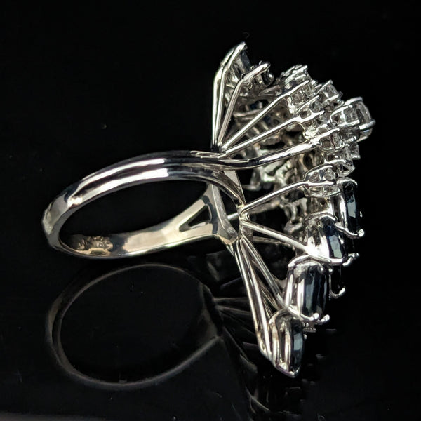 Oversize Vintage Spray of Diamonds & Sapphires 14k White Gold Cocktail Ring Gift
