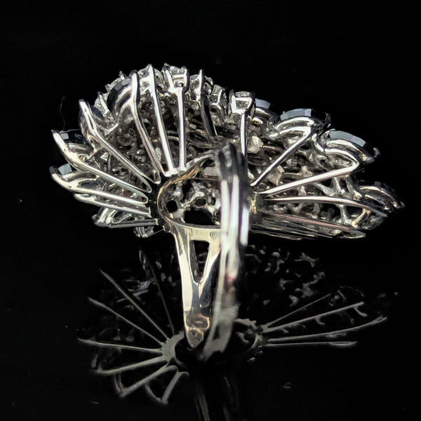 Oversize Vintage Spray of Diamonds & Sapphires 14k White Gold Cocktail Ring Gift