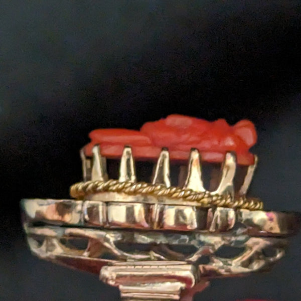 Victorian Coral Cameo 10k Yellow Gold Ring Antique Estate Jewelry Gift  damageEstate Coral Cameo 10k Yellow Gold Ring Cocktail Dinner Vintage Jewelry Gift