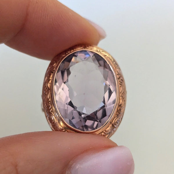 Antique Rose De France Amethyst 10-14k Rose Gold Cocktail Ring Foliate Goldwork Carving Estate