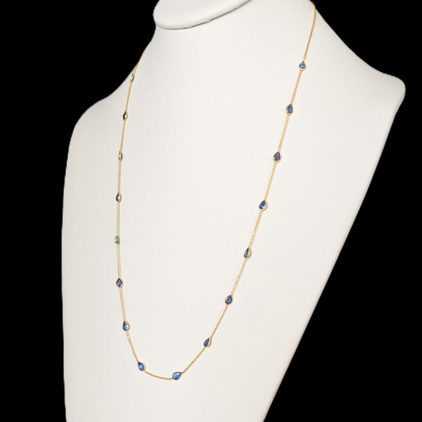 Pear Cut Natural Sapphires 18k Yellow Gold Station Necklace 24.5" Adjustable Length Gift 