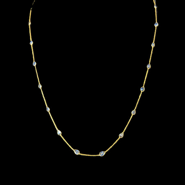 Pear Cut Natural Sapphires 18k Yellow Gold Station Necklace 24.5" Adjustable Length Gift 