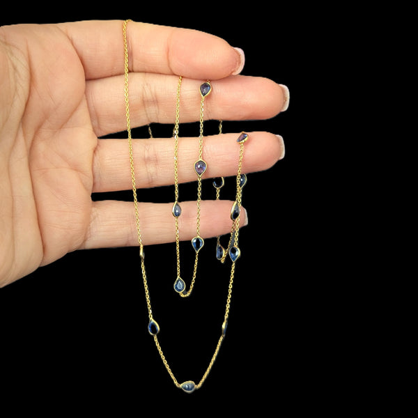 Pear Cut Natural Sapphires 18k Yellow Gold Station Necklace 24.5" Adjustable Length Gift 