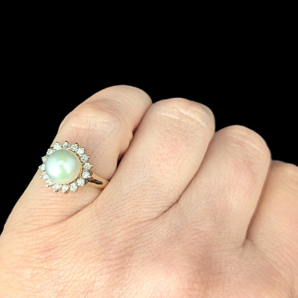 Pearl Diamonds 14k Yellow Gold Halo Ring Vintage Estate Jewelry Gift