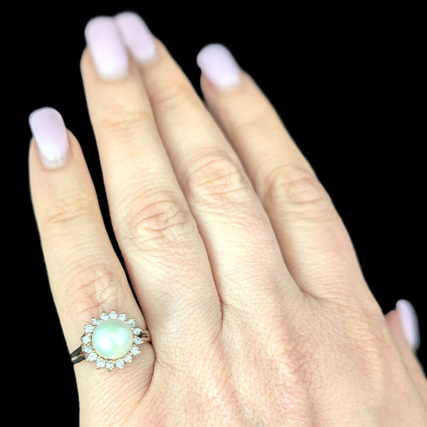 Pearl Diamonds 14k Yellow Gold Halo Ring Vintage Estate Jewelry Gift