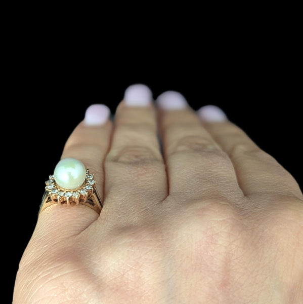 Pearl Diamonds 14k Yellow Gold Halo Ring Vintage Estate Jewelry Gift