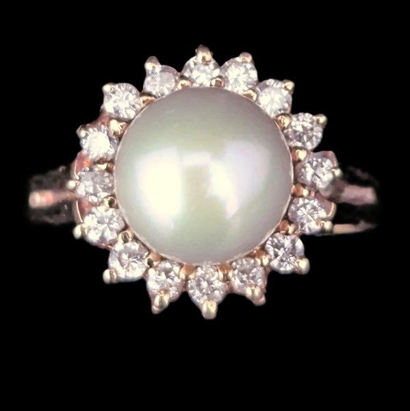 Pearl Diamonds 14k Yellow Gold Halo Ring Vintage Estate Jewelry Gift