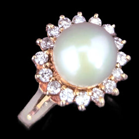 Pearl Diamonds 14k Yellow Gold Halo Ring Vintage Estate Jewelry Gift