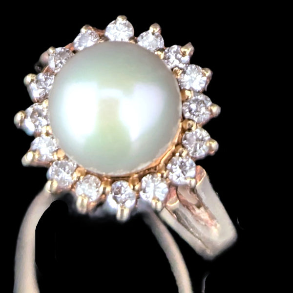 Pearl Diamonds 14k Yellow Gold Halo Ring Vintage Estate Jewelry Gift