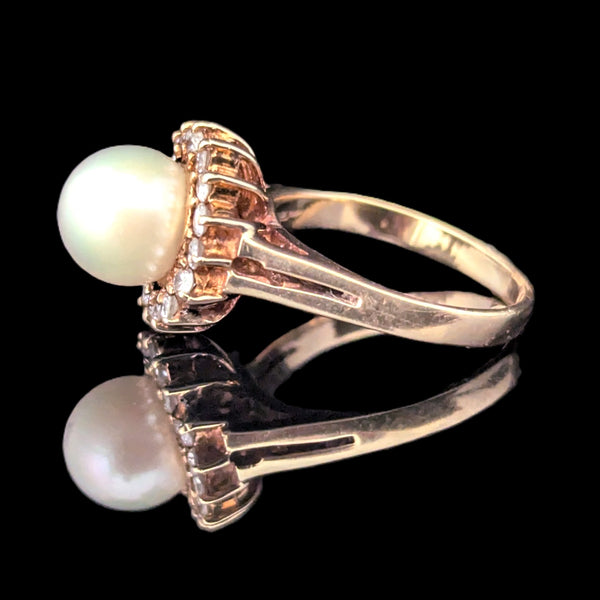 Pearl Diamonds 14k Yellow Gold Halo Ring Vintage Estate Jewelry Gift