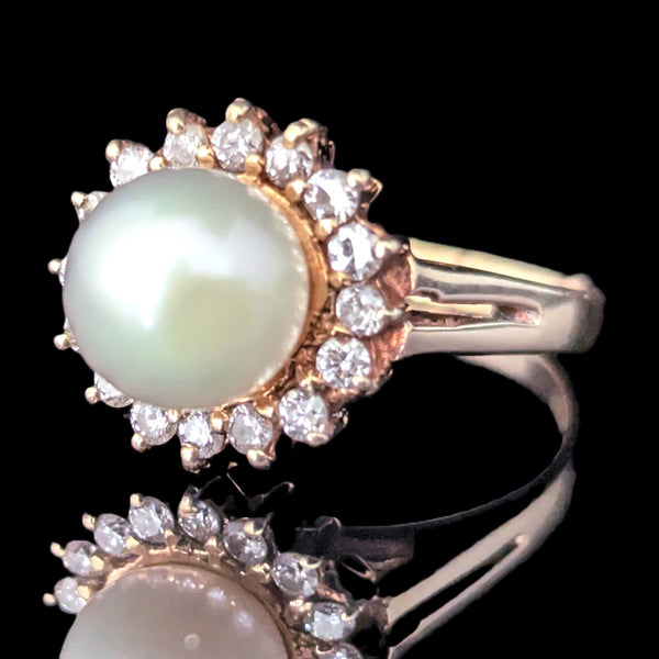 Pearl Diamonds 14k Yellow Gold Halo Ring Vintage Estate Jewelry Gift
