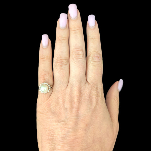 Pearl Diamonds 14k Yellow Gold Halo Ring Vintage Estate Jewelry Gift
