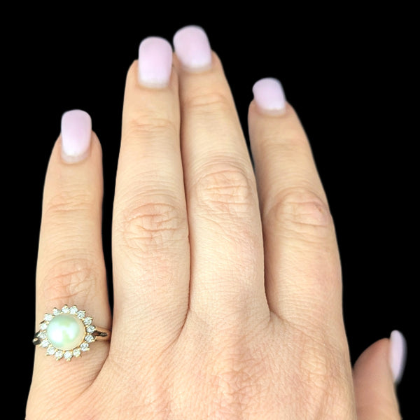 Pearl Diamonds 14k Yellow Gold Halo Ring Vintage Estate Jewelry Gift