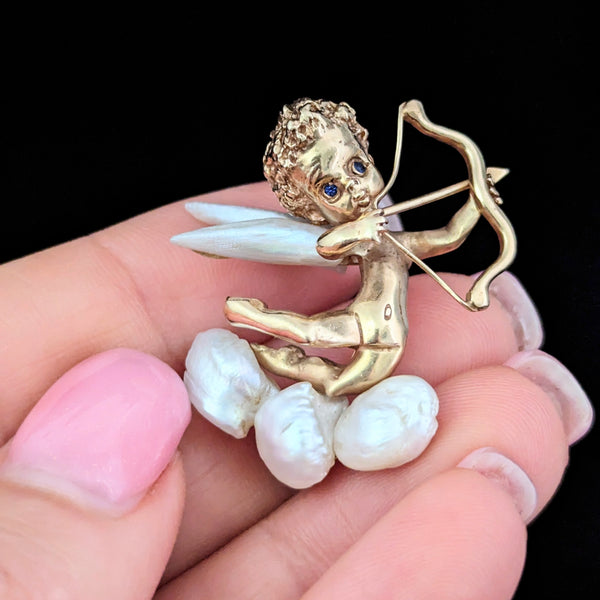 The Emporia - by William Ruser A Cupid 14k Gold Mississippi Freshwater Pearl Sapphire Brooch Retro
