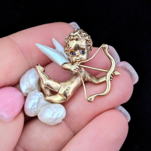 The Emporia - by William Ruser A Cupid 14k Gold Mississippi Freshwater Pearl Sapphire Brooch Retro